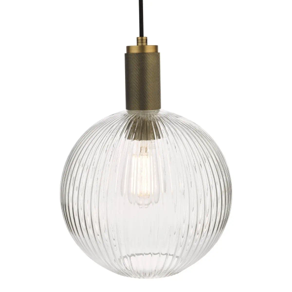 Okrągła zwisająca lampa Nikolas NIK0140-E02 żebrowana szklana mosiądz