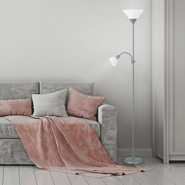 Nowoczesna lampa podłogowa Action stojąca do sypialni srebrna biała