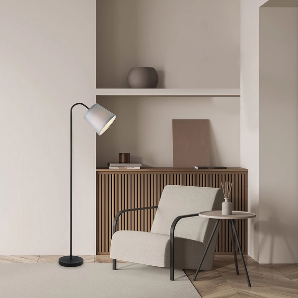 Sypialniana lampa stojąca Godric 6639 abażurowa na peszlu szara