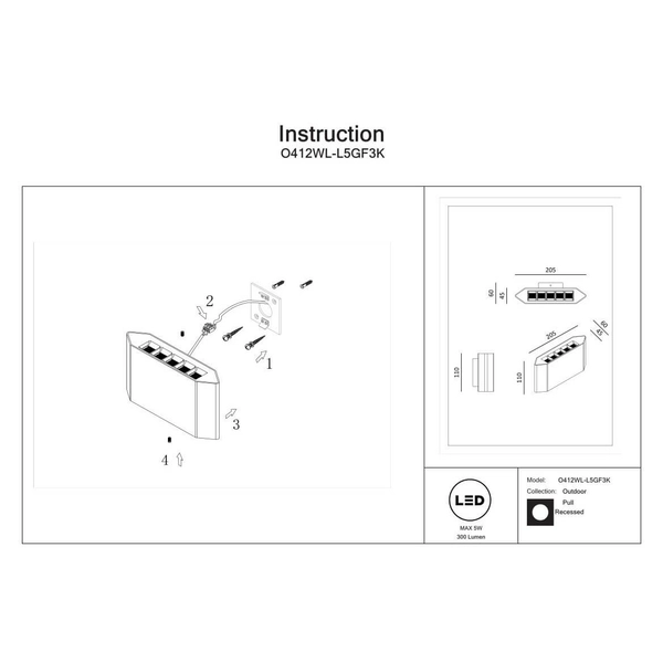 Kinkiet ścienny zewnętrzny Pull O412WL-L5GF3K IP54 LED 5W 3000K grafitowy