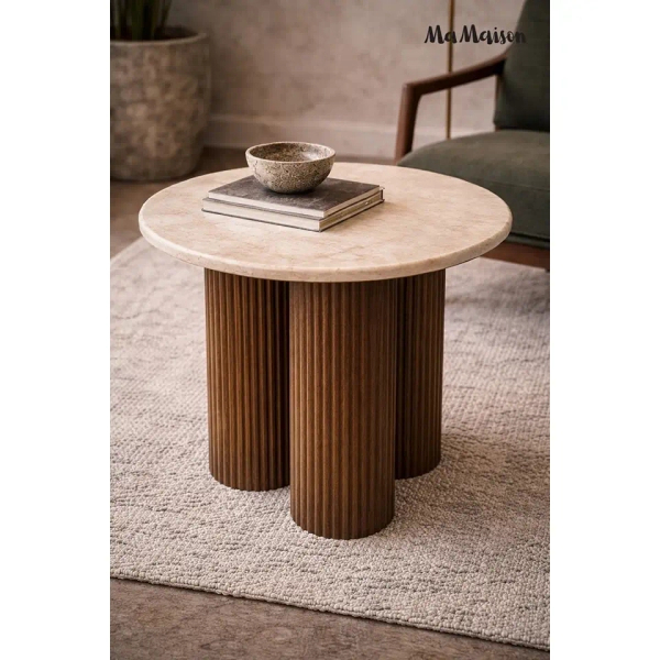 Beżowy stolik kawowy RAGNO MM001501100333 brązowy drewno dekor marmuru 50cm