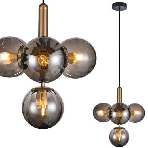 Loftowa LAMPA wisząca RAVENA PND-2324-4B BRO+SG Italux szklana OPRAWA zwis kule balls mosiądz przydymione