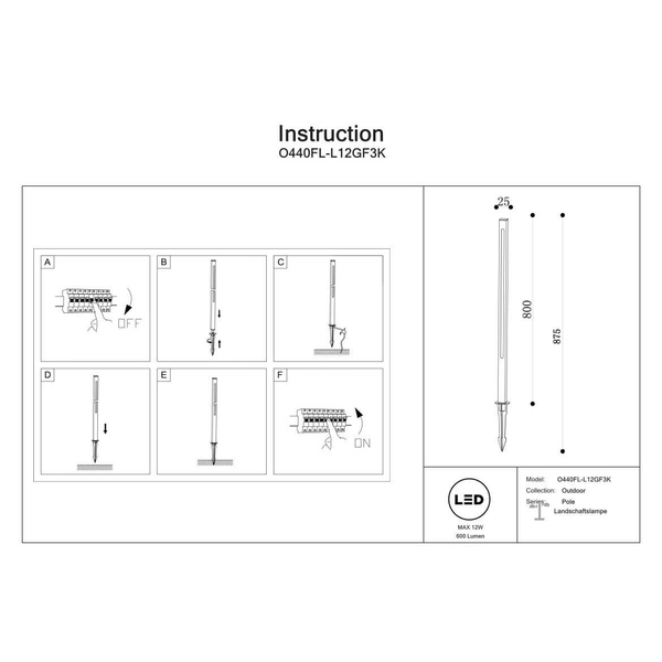 Lampa stojąca Pole O440FL-L12GF3K Maytoni IP65 zewnętrzna słupek grafitowa