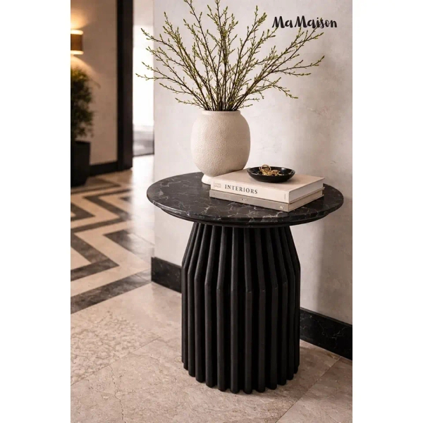 Drewniany stolik kawowy LEVANTE MM001501100336 czarny dekor marmuru 50cm