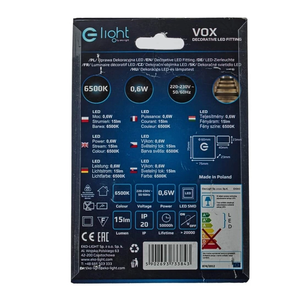 Kwadratowa lampa ścienna Vox EKS3843 Eko-light LED 0,6W 6500K biała srebrna