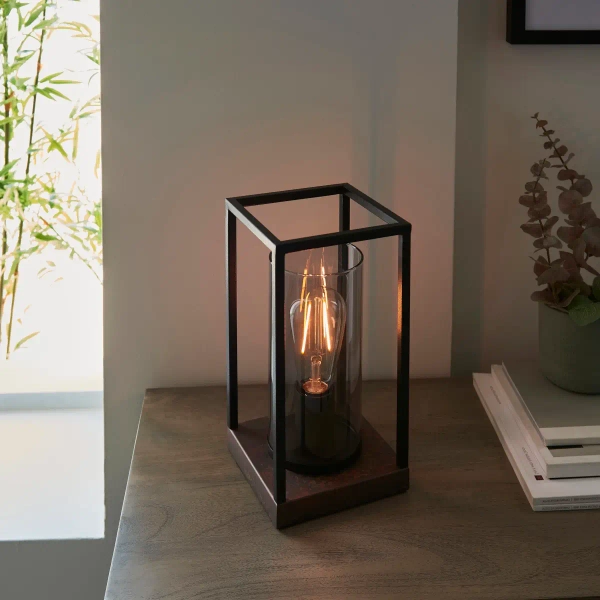 Industrialna stołowa lampa Caleb 93036 ramka czarna brązowa