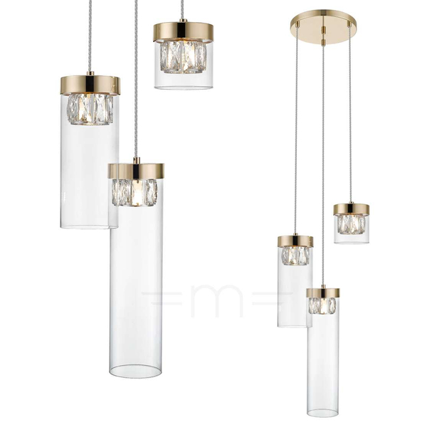Szklana lampa wisząca GEM P0389-03D-F7AC metalowa tuby złoty przezroczysty