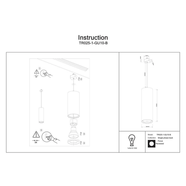 Wisząca lampa do systemu 1-faz Unity TR025-1-GU10-B tuba metalowa czarna