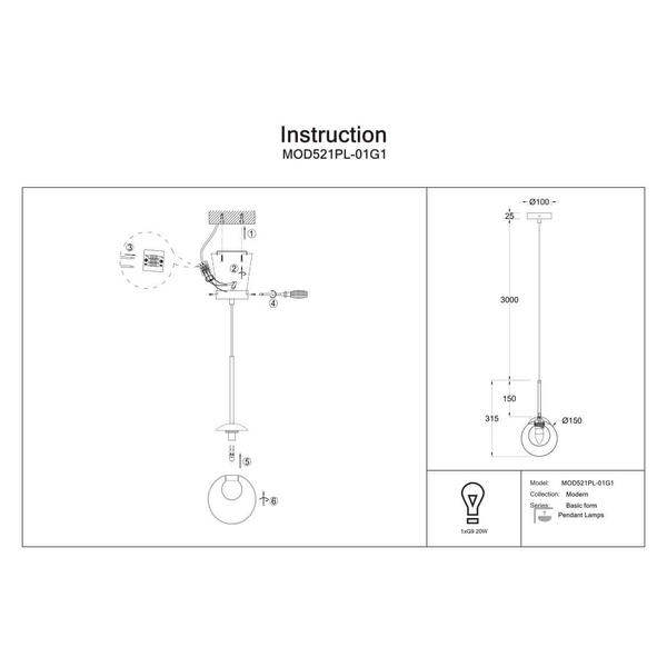 Zwieszana lampa do sypialni Basic form MOD521PL-01G1 złoty przezroczysty
