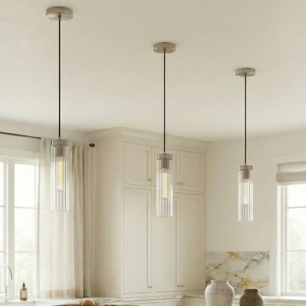 Podłużna lampa wisząca QUINCY nikiel satynowy szklany metalowy E27 do jadalni P01828NS