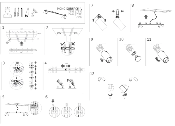Nowoczesny spot kuchenny podtynkowy Mono 7692 ruchoma lampa nad blat czarna