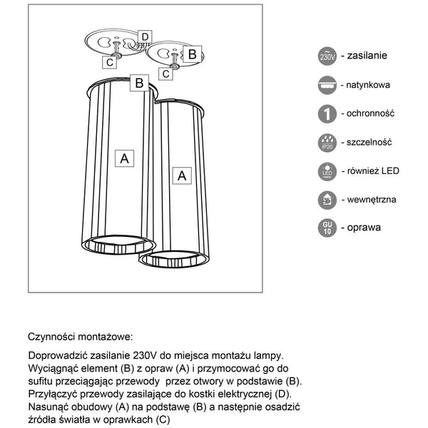 Sufitowa LAMPA tuby ARIDA 7012 Shilo natynkowy downlight biały