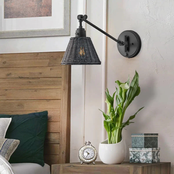 Naturalny kinkiet Arti HK-ARTI-1W-BK-BR rattan czarny mosiądz