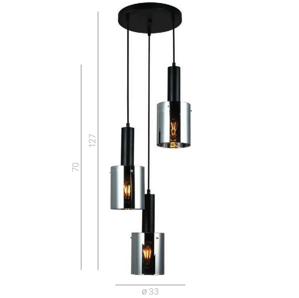 Wisząca LAMPA loftowa SARDO PND-5581-3A-BK+SG Italux skandynawska OPRAWA szklany ZWIS tuby kaskada przydymiona czarna