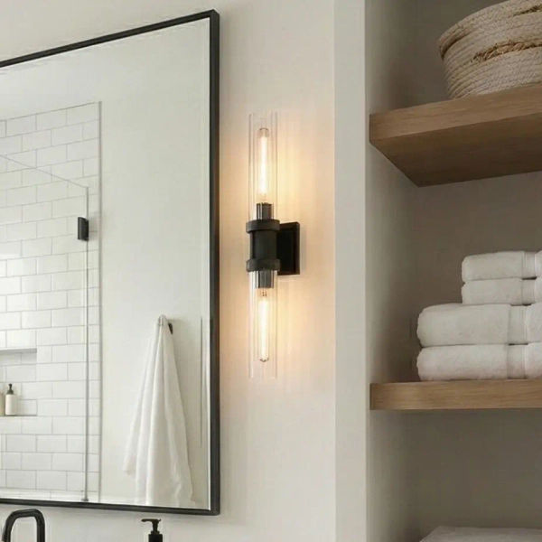 Lampa ścienna góra-dół QUINCY czarny szklany metalowy E27 2-punktowy nad lustro W02873BK