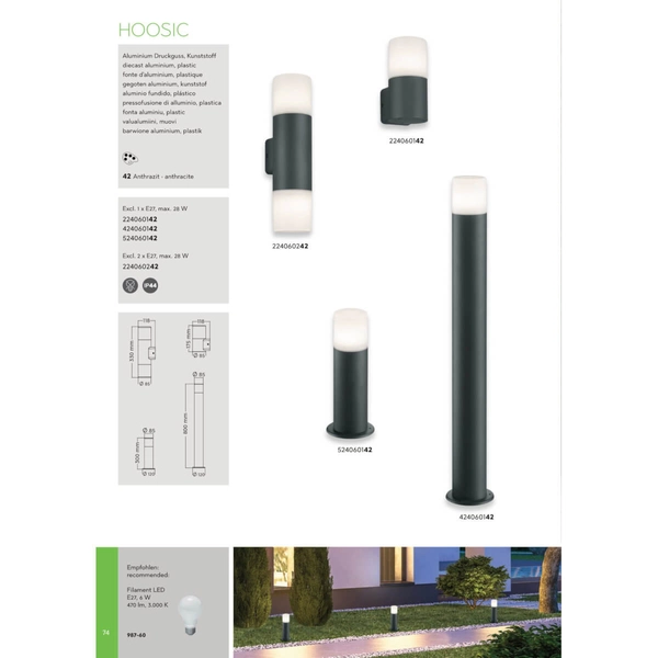 Zewnętrzna lampa ścienna tuba HOOSIC 224060142 IP44 antracyt