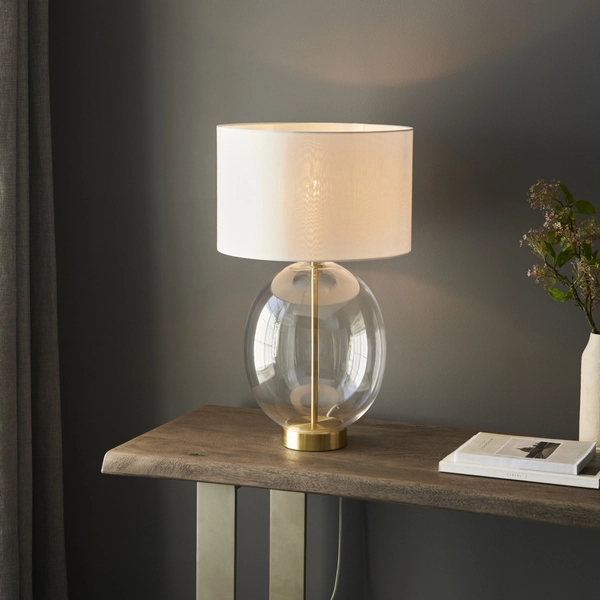 Szklana lampa stołowa hampton L&-199292 Light& abażurowa biała mosiądz