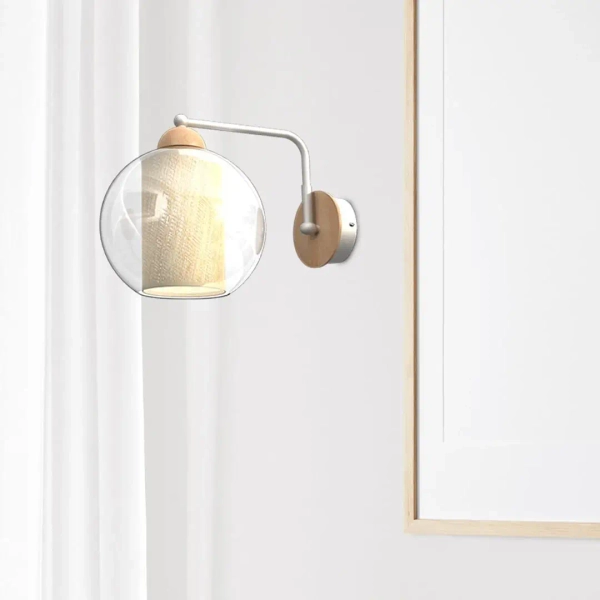 Ścienny kinkiet skandynawski TELA MLP7954 do salonu kula biała drewniana