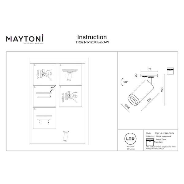 Lampa 1-obwodowa do szyny Focus TR021-1-12B4K-Z-D-W LED 12W 4000K biały