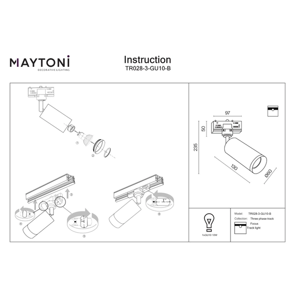 Szynowa lampa 1-fazowa Focus TR028-3-GU10-B regulowana czarna