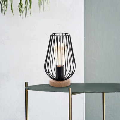 Druciana lampa stołowa Gremio 6915 gabinet metalowa klatka czarna drewno