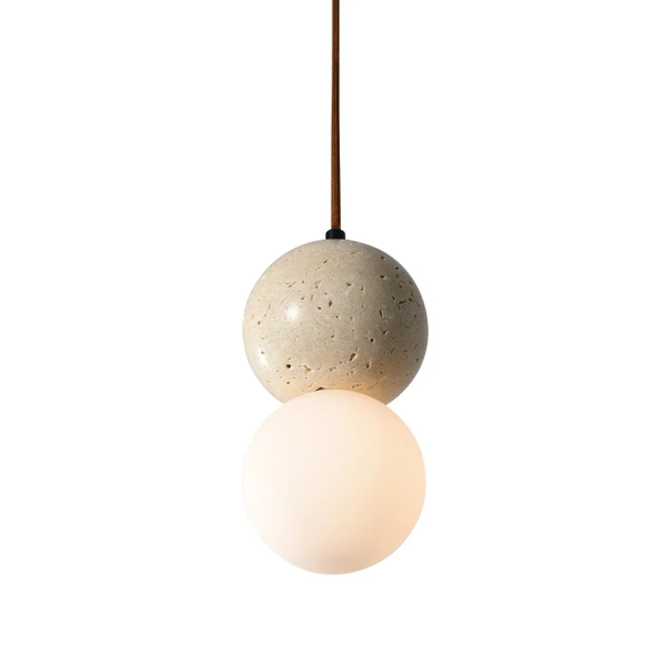 Wisząca lampa Bilo PL0135 Yaskr drewno kamień kula beżowa biała
