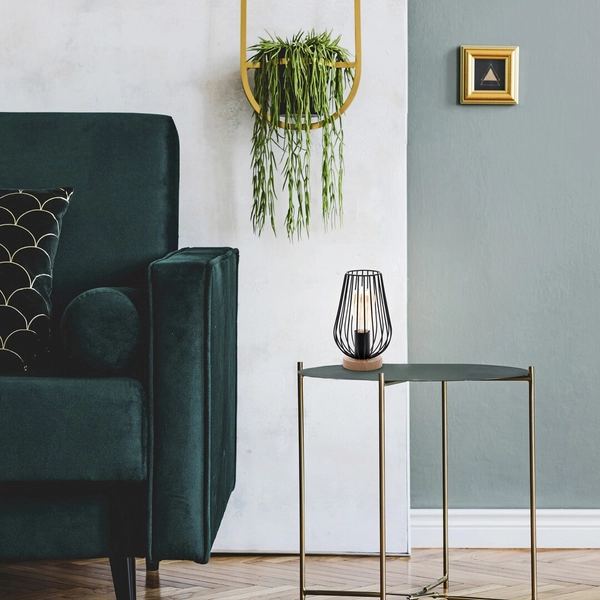 Druciana lampa stołowa Gremio 6915 gabinet metalowa klatka czarna drewno