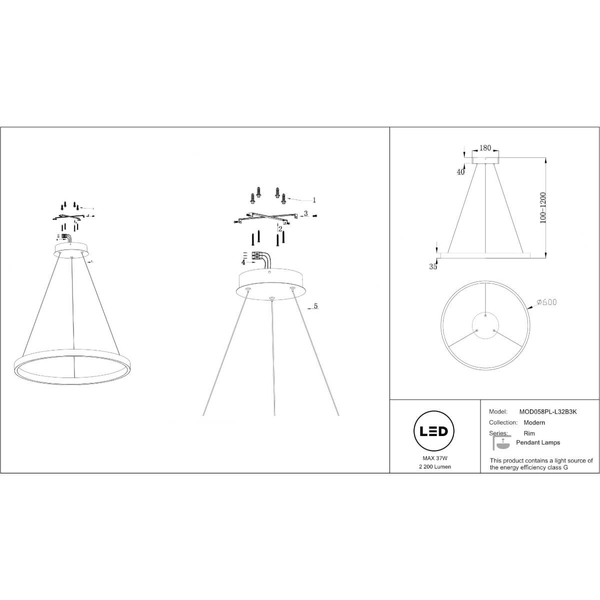 Ledowa lampa wisząca Rim MOD058PL-L32B3K 37W ring czarna