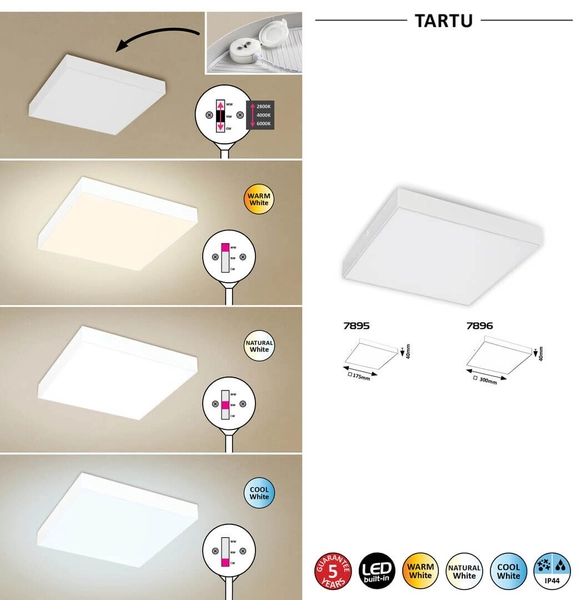 Plafon LAMPA łazienkowa TARTU 7896 Rabalux kwadratowa OPRAWA sufitowa LED 24W 2800K - 6000K plafoniera metalowa IP44 biała