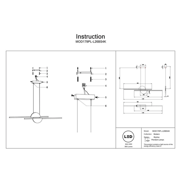 Wisząca lampa Skyline MOD179PL-L26BS4K LED 26W 4000K czarna mosiądz