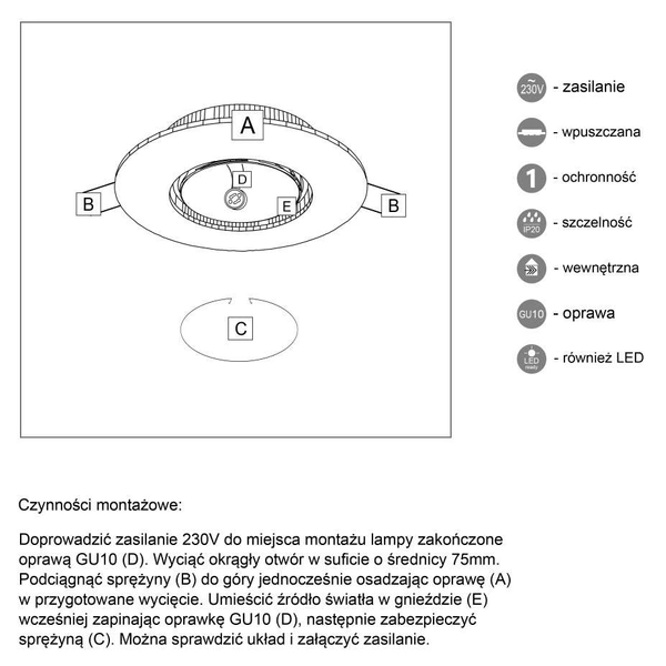 Podtynkowa LAMPA sufitowa TOKIO 7382 Shilo metalowa OPRAWA regulowana OCZKO okrągłe EMILIO białe