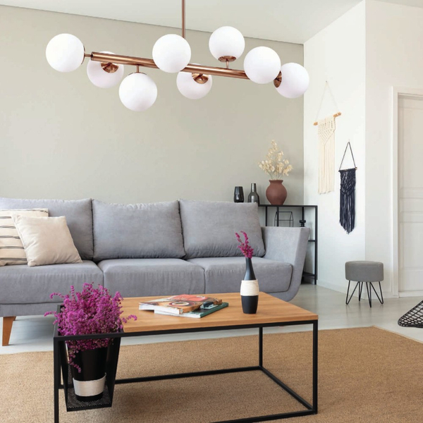 Wisząca LAMPA modernistyczna RADDI PNS-5510-8-HBR Italux metalowa OPRAWA molekuły ZWIS kule miodowy mosiądz białe