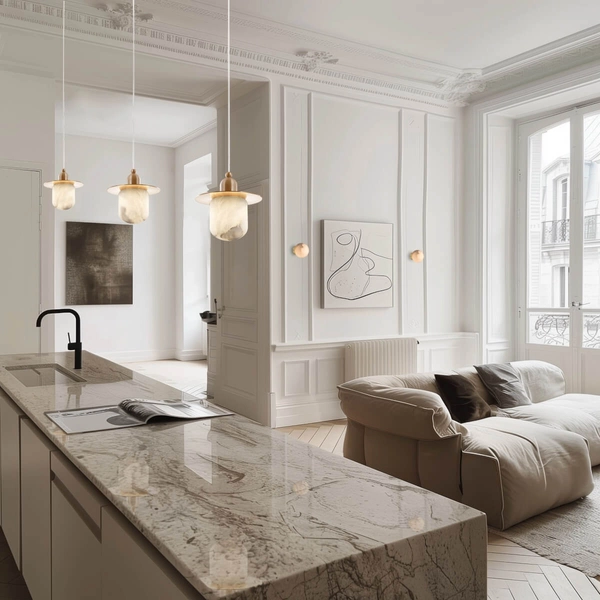 Regulowana lampa wisząca Volterra P01982BR Cosmolight mosiądz alabaster