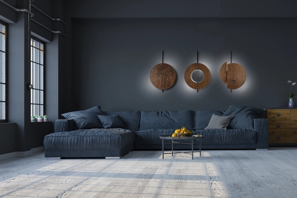 Nowoczesna lampa ścienna Sunset 7654 okrągły kinkiet czarny drewno