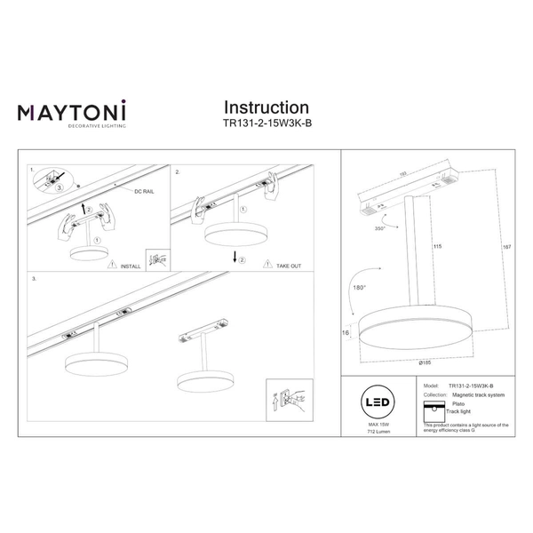 Wisząca lampa do szyny Plato TR123-2-15W3K-B LED 15W 3000K okragła czarny