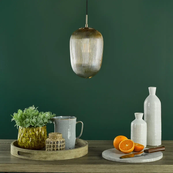 Szklana wisząca lampa Abrielle ABR0106 nad stół żebrowana bursztynowa