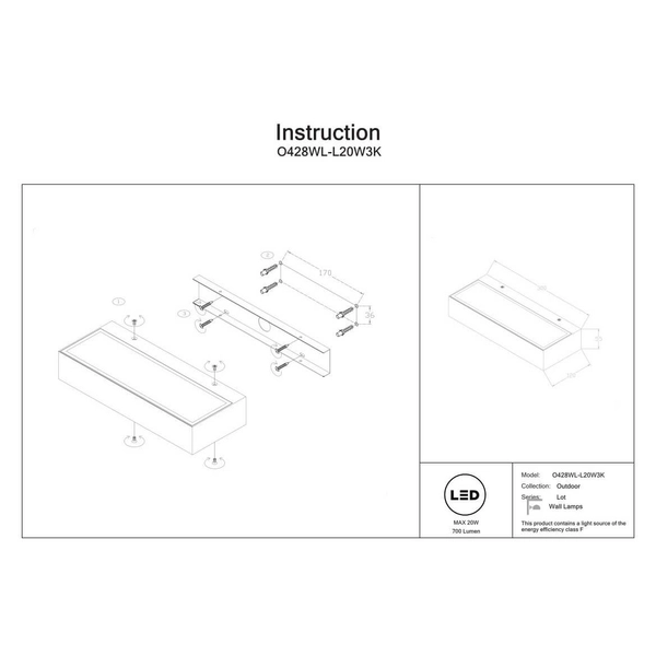Prostokątna lampa naścienna Lot O428WL-L20W3K LED 20W 3000K IP65 biała
