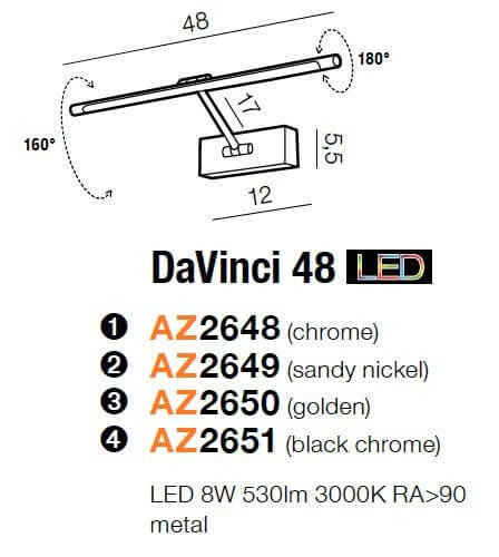 Regulowana lampa ścienna Davinci LED 8W 3000K nad lustro chrom