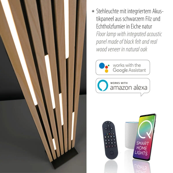 Stojąca lampa z pilotem Q-AKUSTIK brązowa 822-79 1xLED 30W 2700-5000K drewniana