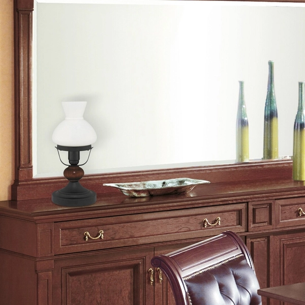 Stołowa LAMPA stojąca PETRONEL 7072 Rabalux metalowa LAMPKA nocna szklany klosz drewno czarna orzechowa szkło opalizowane