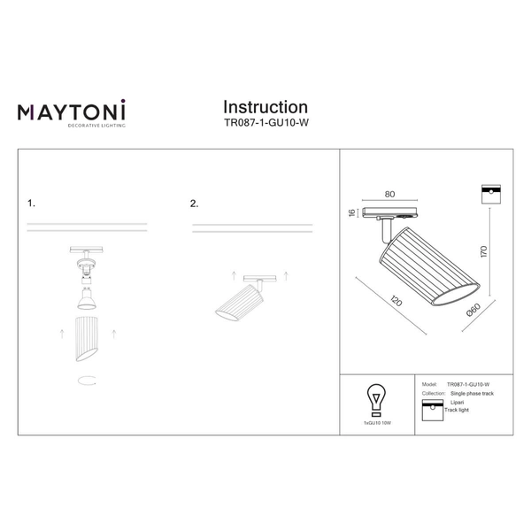 Lampa sufitowa do szyny 1-fazowej Lipari TR087-1-GU10-W tuba biały