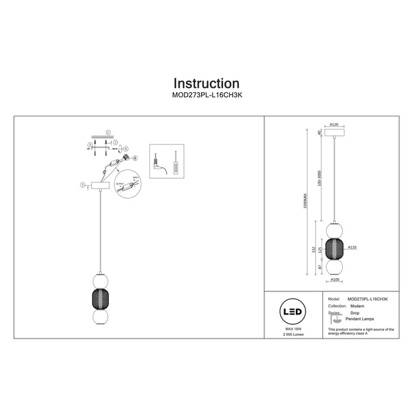 Salonowa lampa wisząca Drop MOD273PL-L16CH3K LED 16W 3000K chrom dymiony