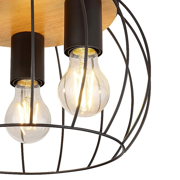 Druciana lampa sufitowa Kamala 5293 industrialna klatka czarna drewno