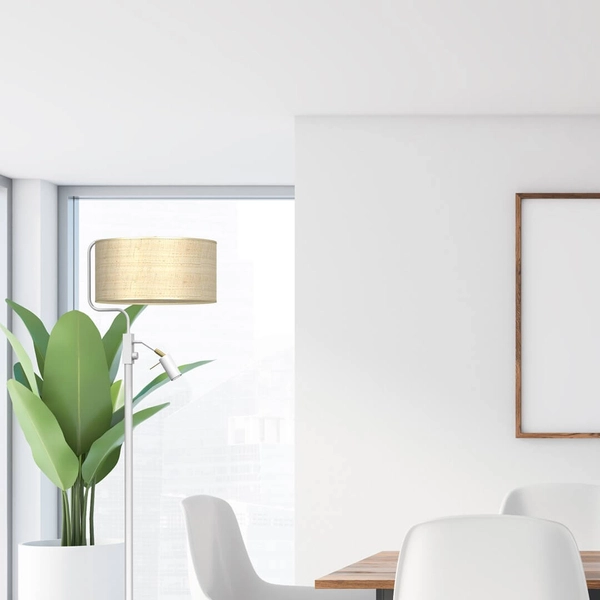 Podłogowa lampa stojąca Marshall do salonu biała ratan