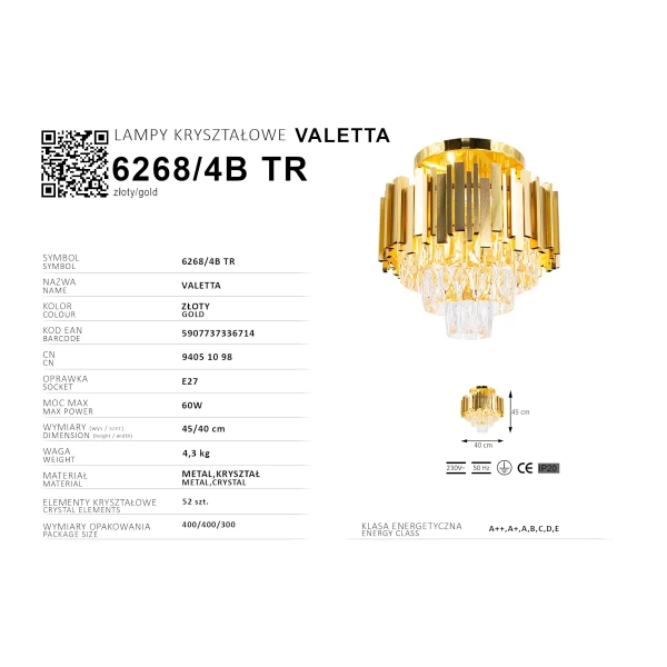 Sufitowa lampa kryształowa Valetta 6268/4B TR do jadalni złoty