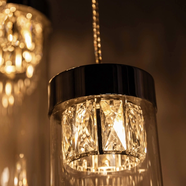 Wisząca lampa GEM P0389-03D-F4AC szklana metalowy tuby chrom przezroczyste