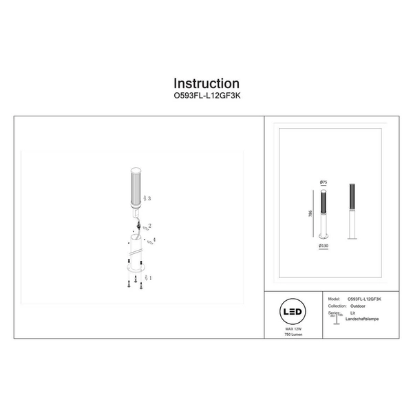 Stojąca lampa ogrodowa Lit O593FL-L12GF3K Maytoni IP65 słupek grafitowa