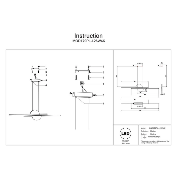 Lampa zawieszana Skyline MOD179PL-L26W4K LED 26W 4000K czarna biała