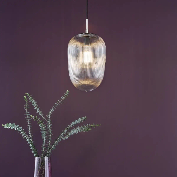 Ryflowana lampa wisząca Abrielle ABR0108 szklany owalny nikiel