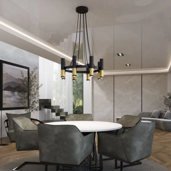 Żyrandol lampa wisząca KAVOS 0386 okrągła metalowe tuby zwis czarny złoty